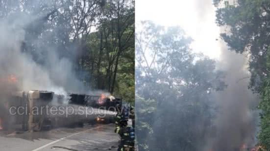 Caminhão com carga de algodão pega fogo em rodovia do litoral - Imagem: Reprodução/ Redes Sociais