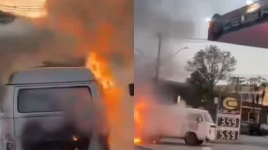 Kombi pega fogo no litoral de SP; ninguém ficou ferido - Imagem: Reprodução/ Redes Sociais
