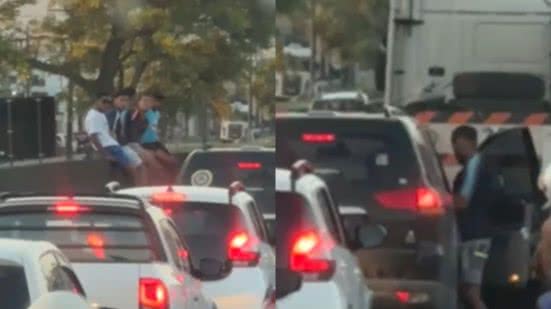 Vídeo registra criminosos saqueando carro em rodovia congestionada no litoral de SP - Imagem: Reprodução/ Redes Sociais