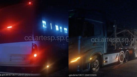 Colisão entre ônibus e carreta-cegonha - Imagem: Reprodução/ CCI/ Artesp